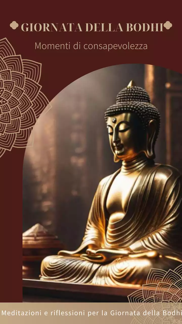 Pubblicità elegante del giorno Bodhi in rosso e oro