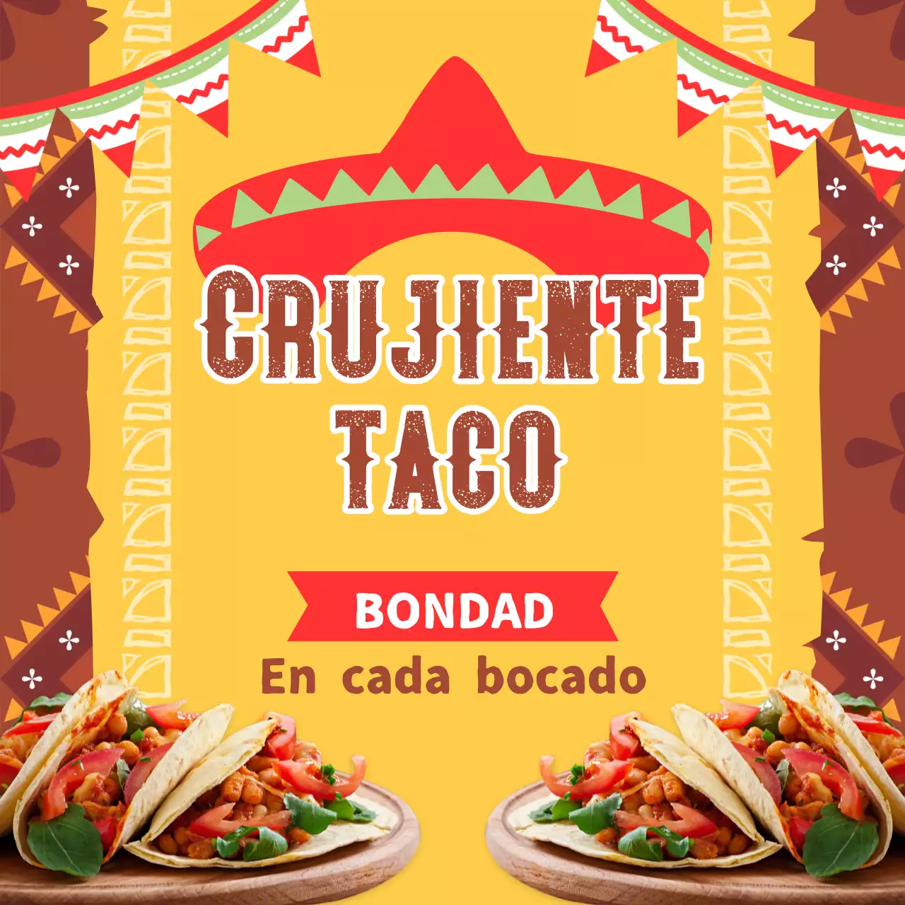 Anuncio de un restaurante de tacos de moda en marrón y amarillo
