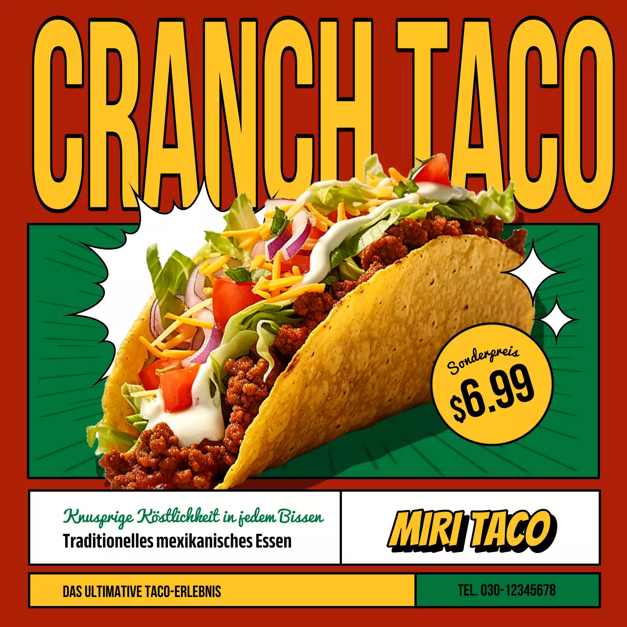 Werbung für ein Pop-Art-Taco-Restaurant mit Rot und Grün