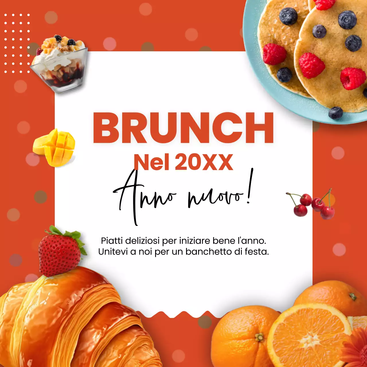 Pubblicità per il brunch di Capodanno con pop arancione e bianco