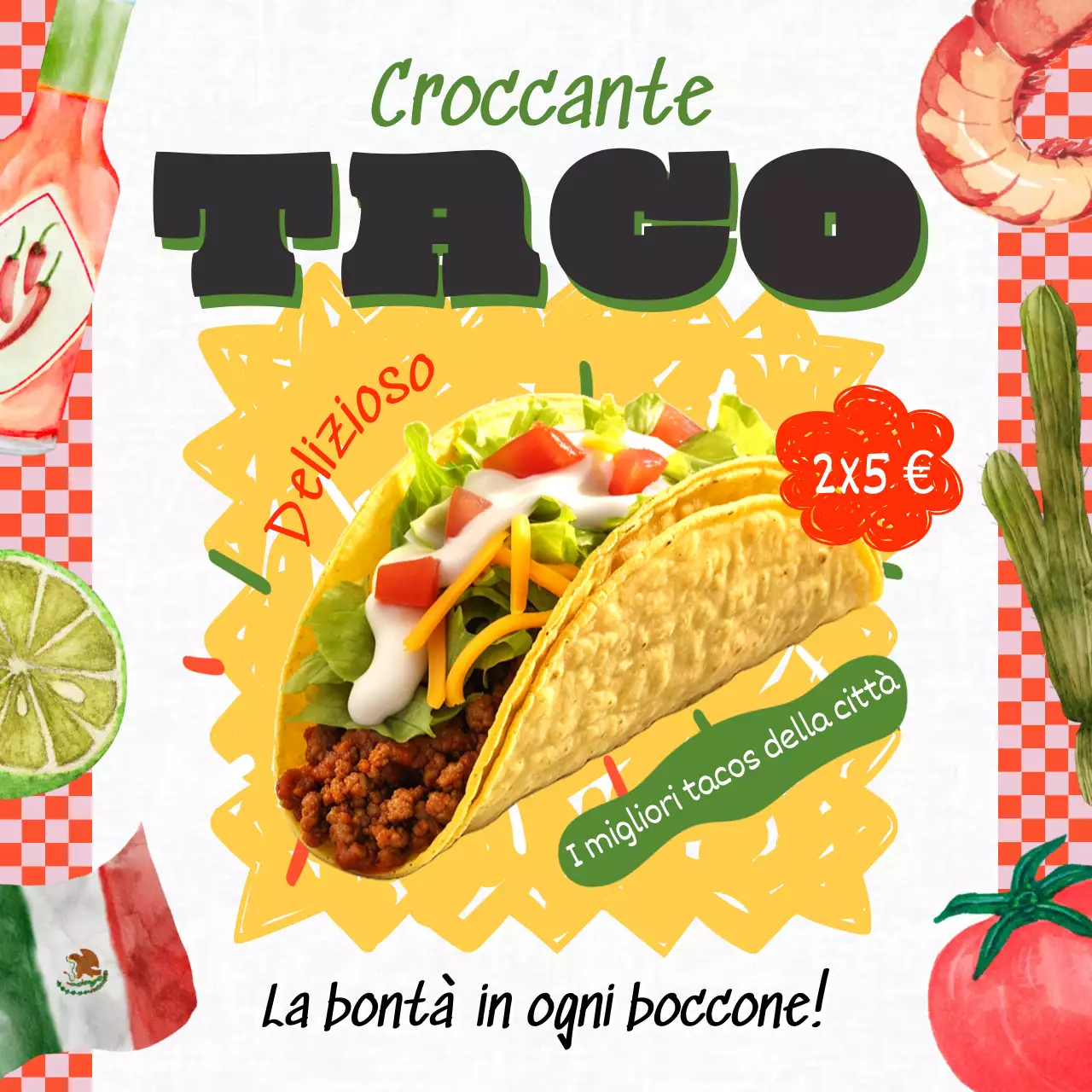 Pubblicità del ristorante Taco vintage rosso e giallo