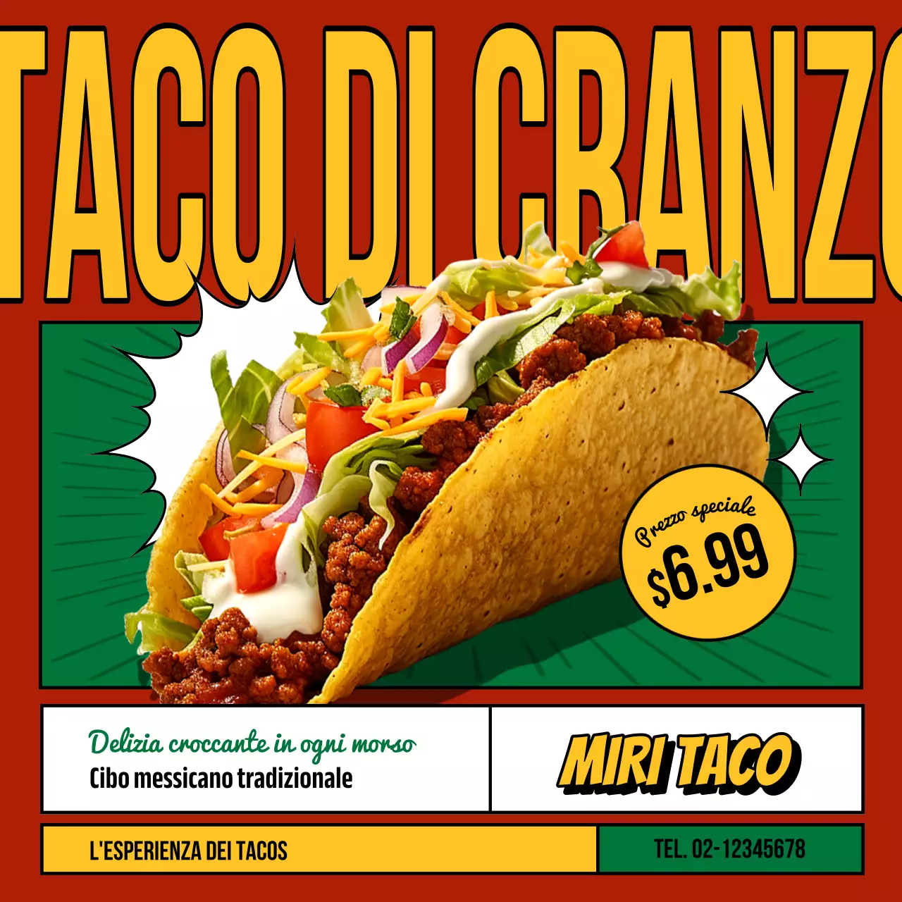 Promuovere un ristorante di taco pop art con il rosso e il verde
