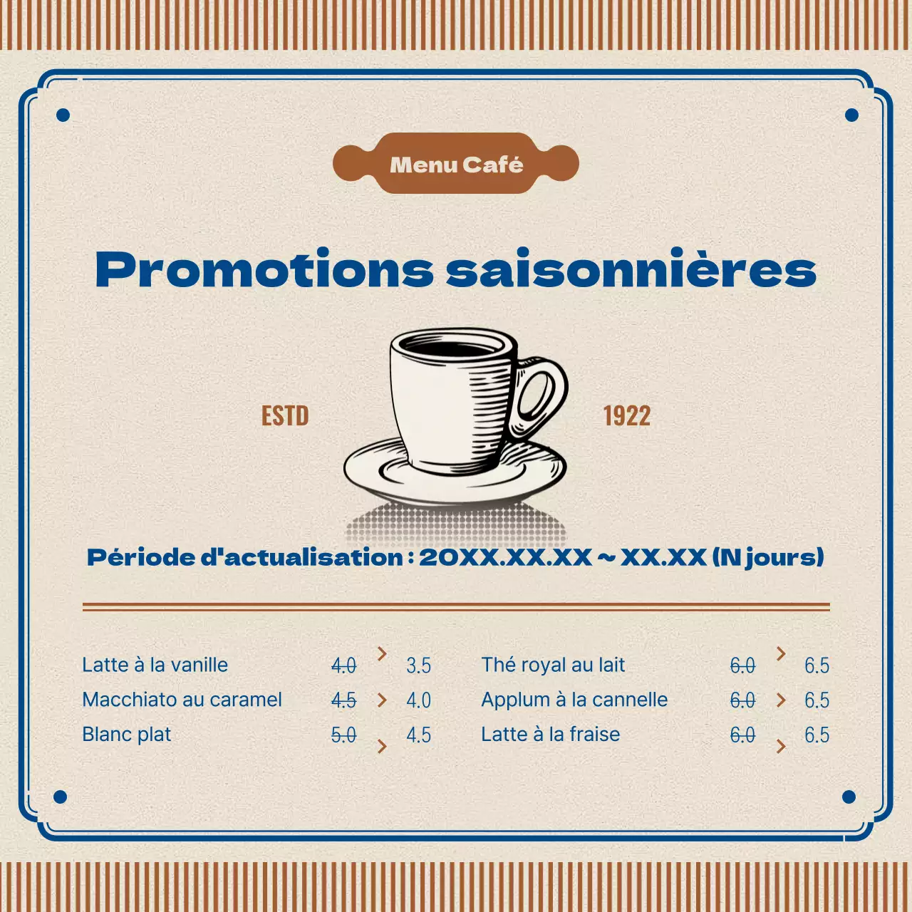 Annonce de café rétro en marron et bleu