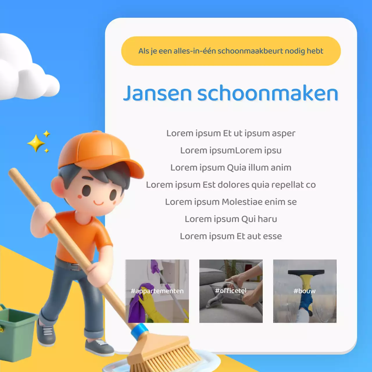 Een eenvoudig blauw en geel schoonmaakbedrijf promoten