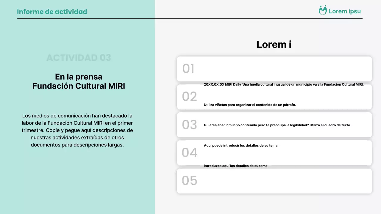 Informes de actividad largos, sencillos y en color menta