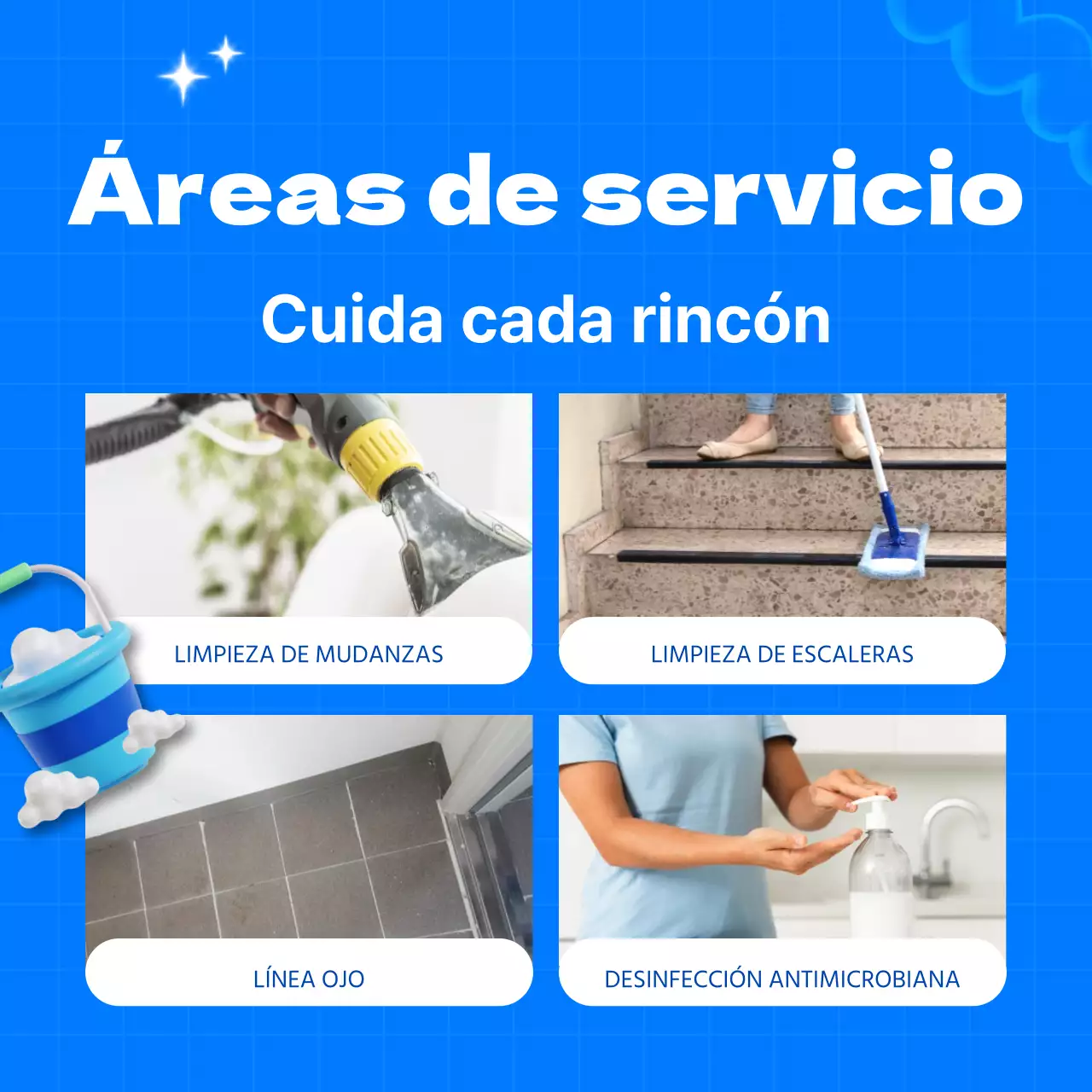 Bonito anuncio de agencia de limpieza con fondo azul claro