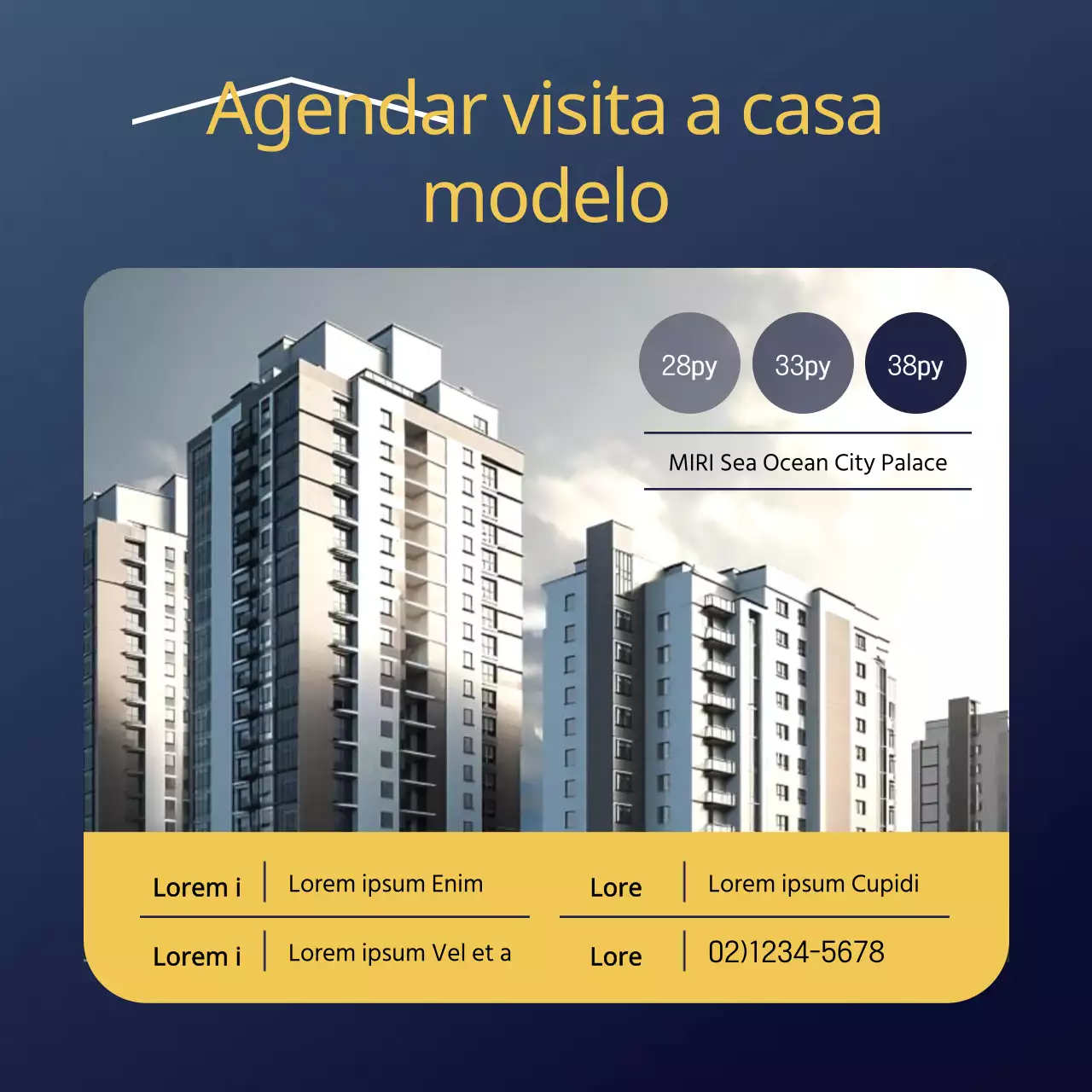Promover reservas antes da visita para uma casa modelo simples em amarelo e azul-marinho