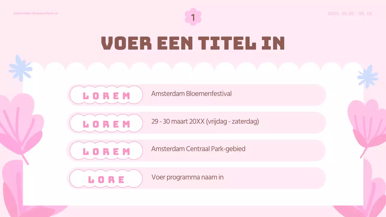 Een festivalplanner met lentebloemen, roze en lichtblauw