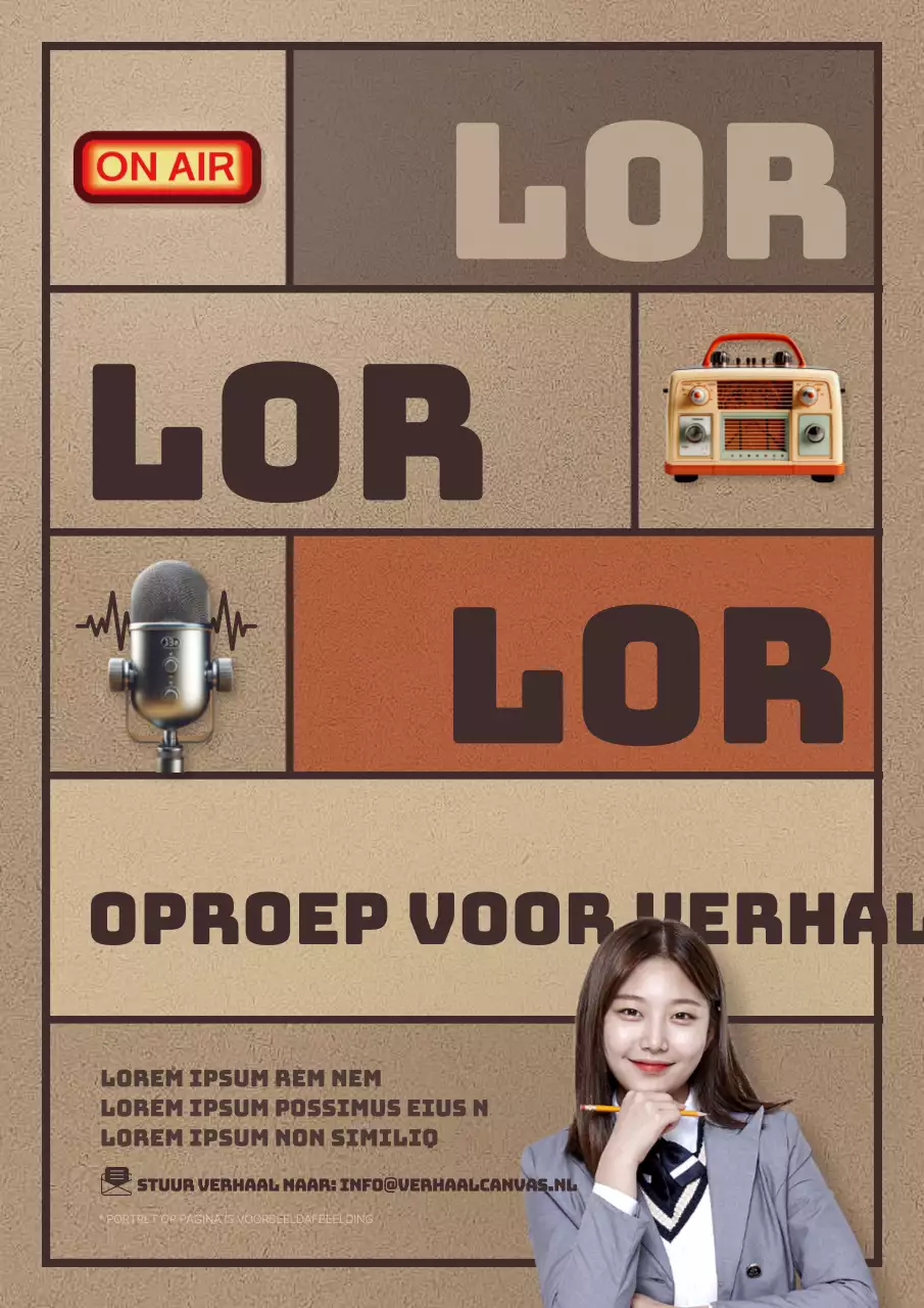 Promoot een retro, bruin en oranje schoolradioverhaal oproep voor verhalen