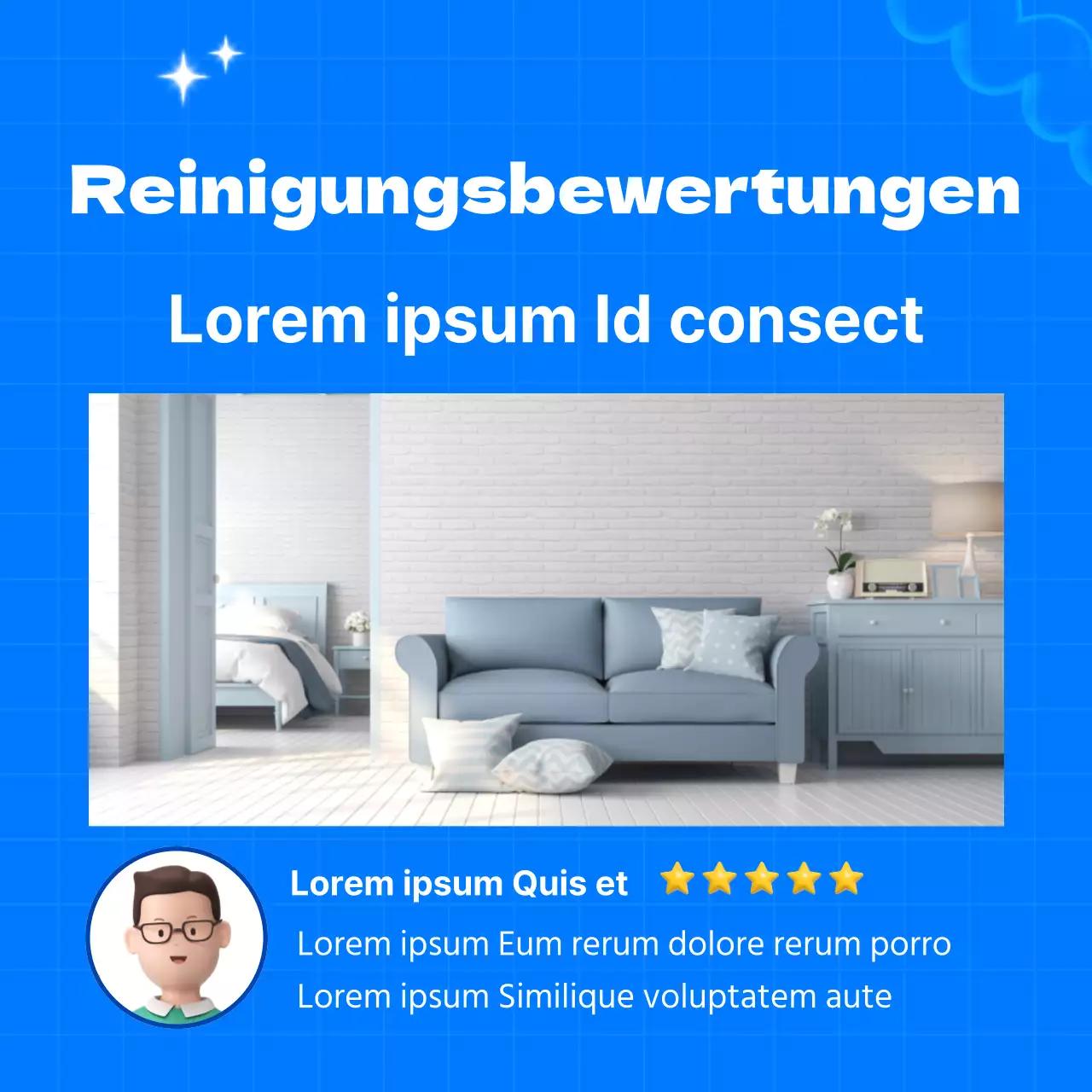 Niedliche Anzeige einer Reinigungsfirma mit hellblauem Hintergrund