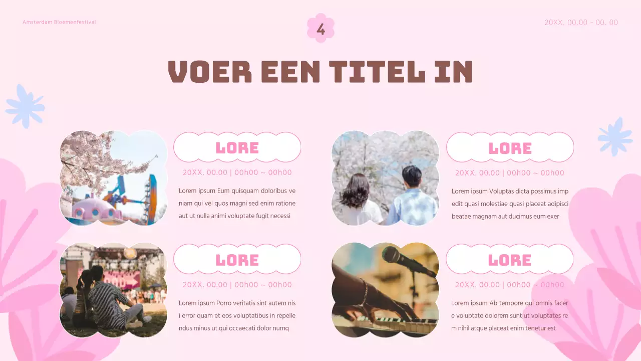 Een festivalplanner met lentebloemen, roze en lichtblauw