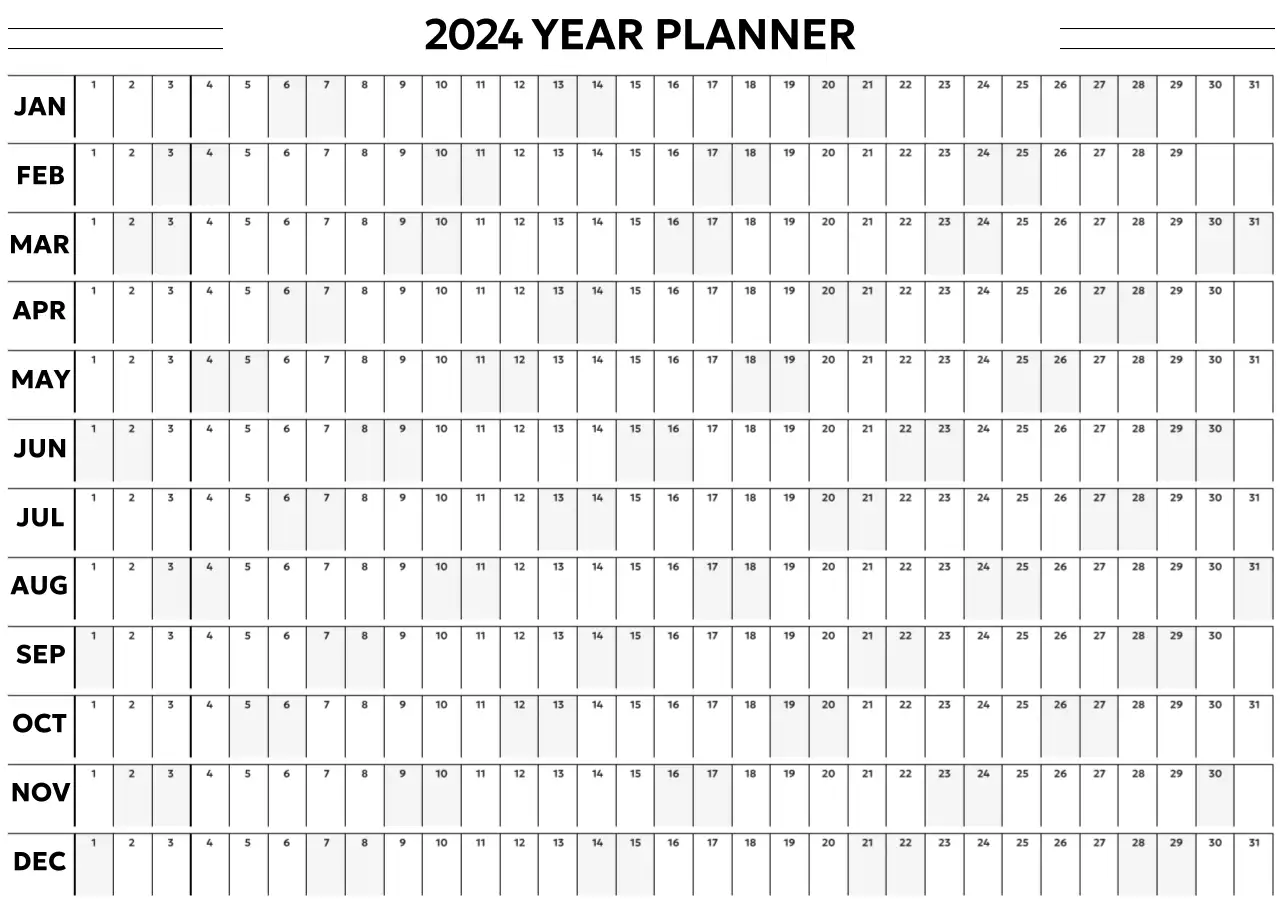 A simple and modern annual calendar in black and white