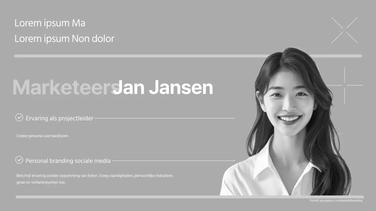 De portfolio-introductie van een modern merkmarketeer in lichtblauw en wit