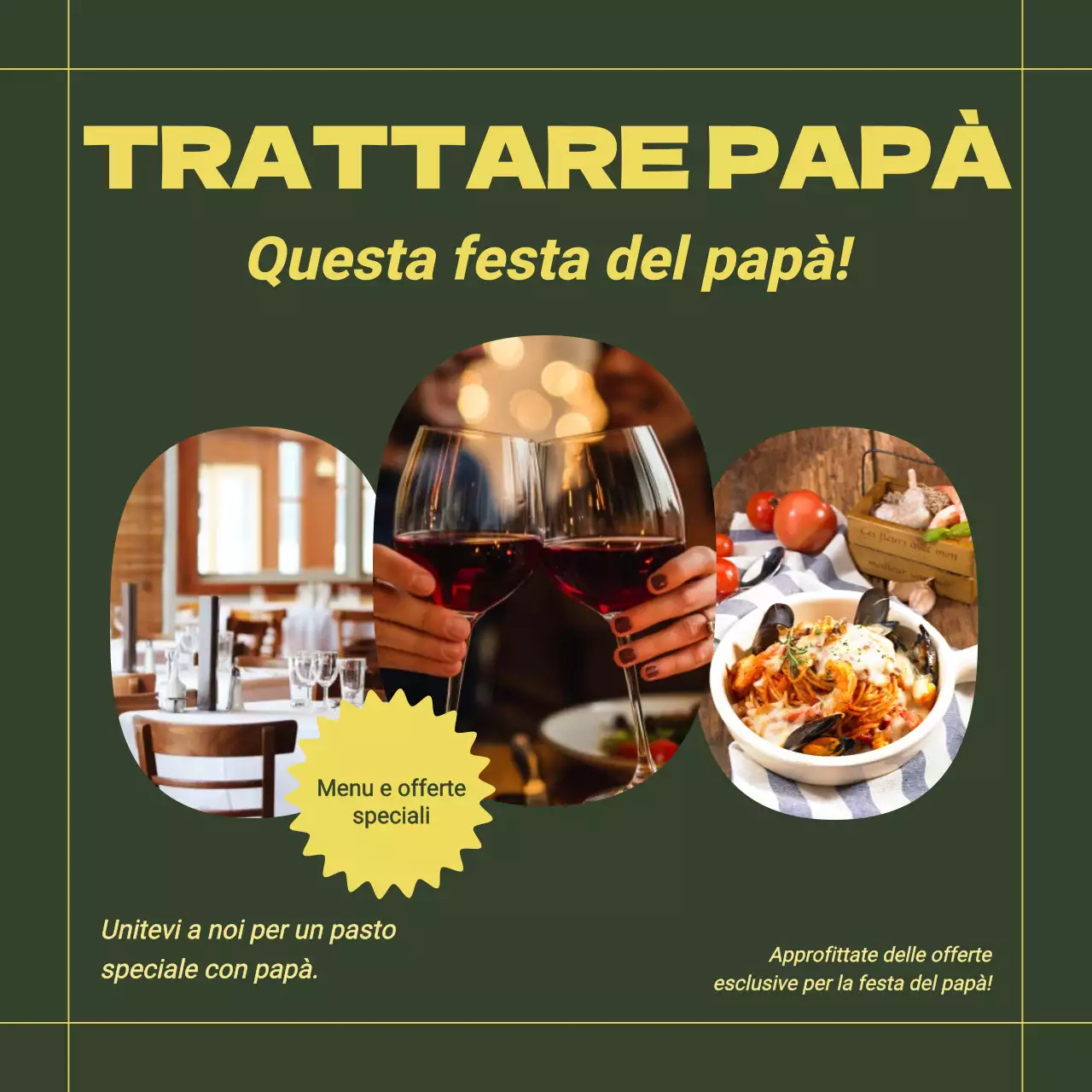 Pubblicità per il ristorante per la festa del papà in giallo e verde, di tendenza