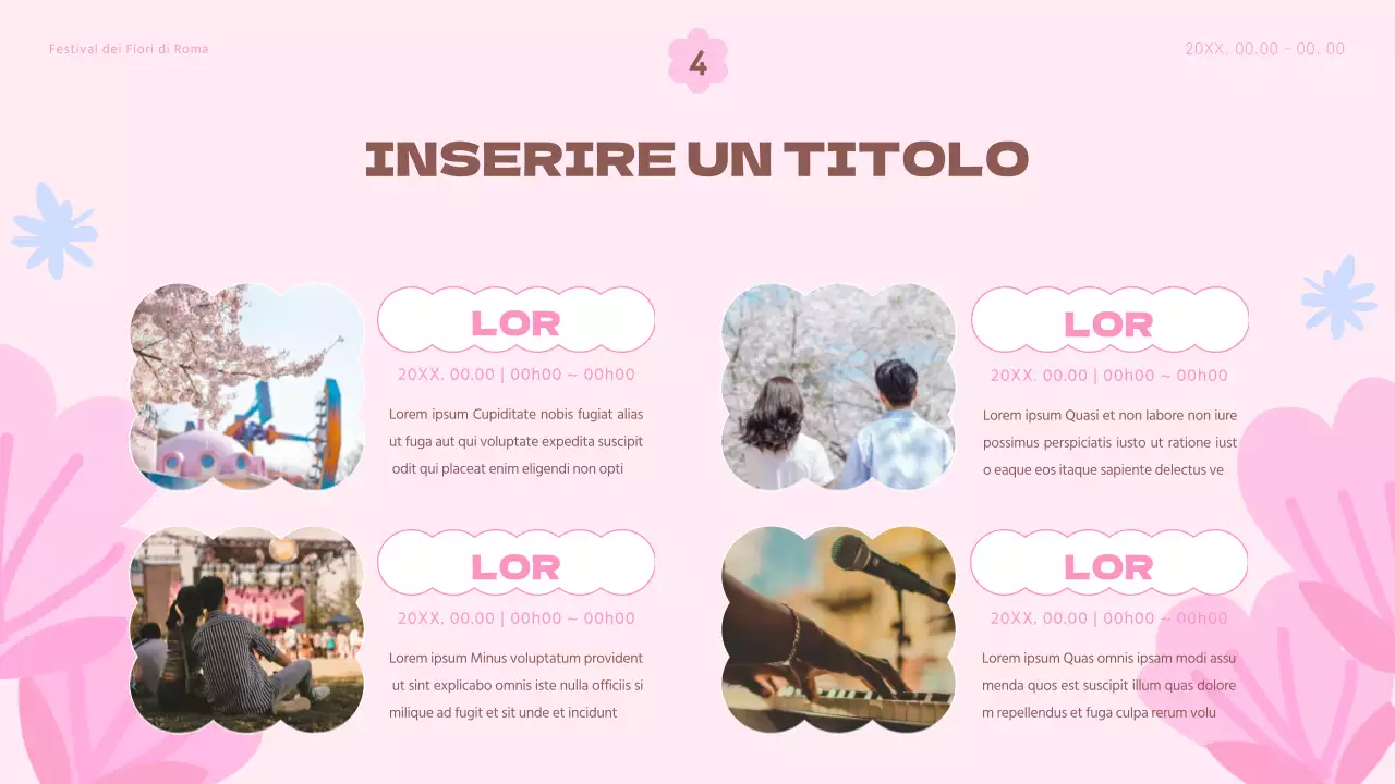 Un planner per un festival floreale primaverile, con tonalità di rosa e azzurro.