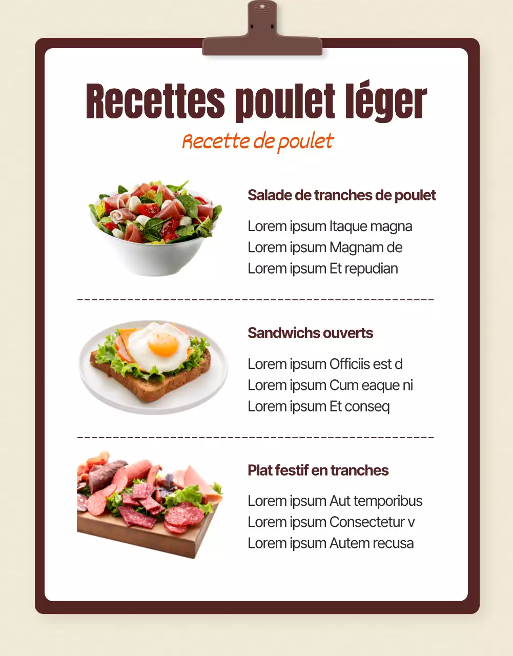 Promouvoir un régime alimentaire simple blanc de poulet brun et beige