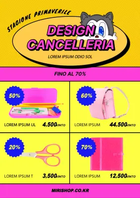 Volantino di vendita con cancelleria dal design retrò in giallo e rosa acceso
