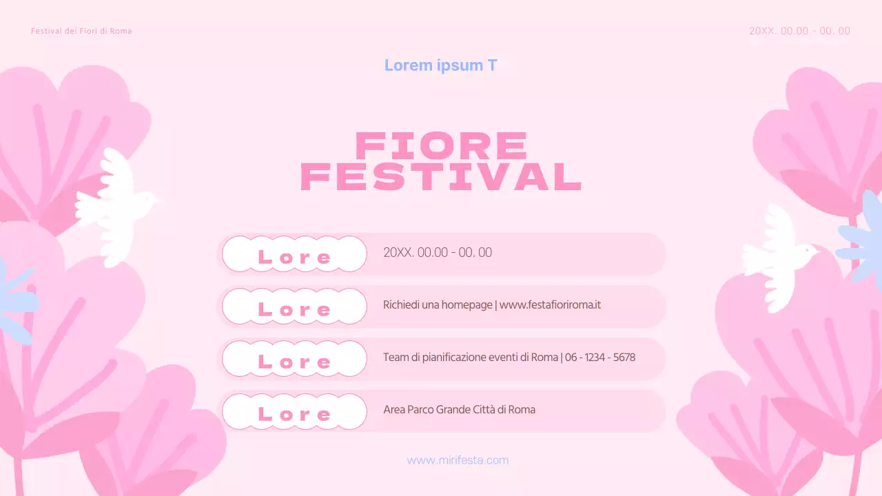 Un planner per un festival floreale primaverile, con tonalità di rosa e azzurro.