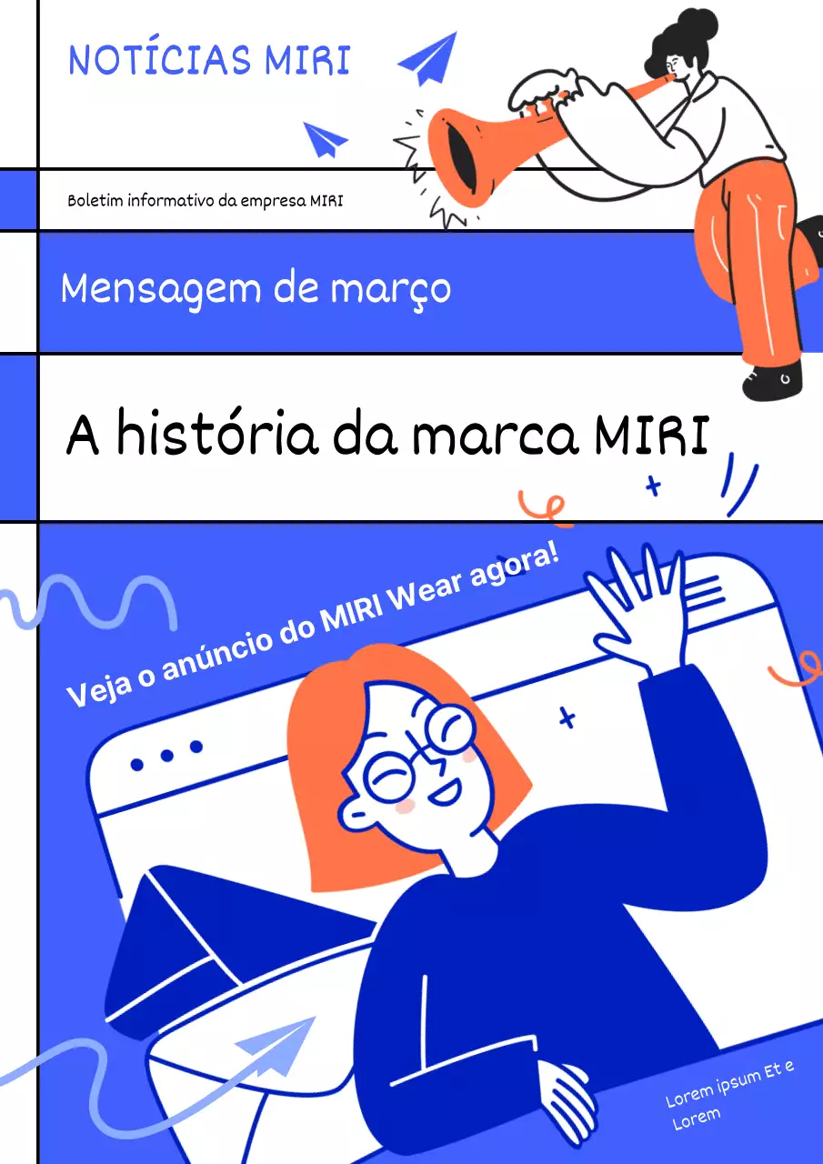 Anúncios de boletins informativos da empresa em azul e branco