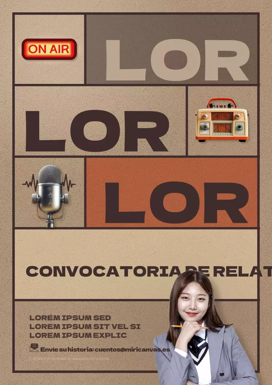 Promoción de un reportaje radiofónico escolar retro, marrón y naranja convocatoria de reportajes