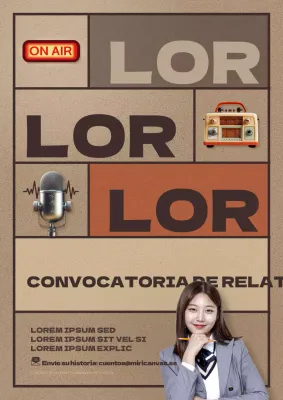 Promoción de un reportaje radiofónico escolar retro, marrón y naranja convocatoria de reportajes