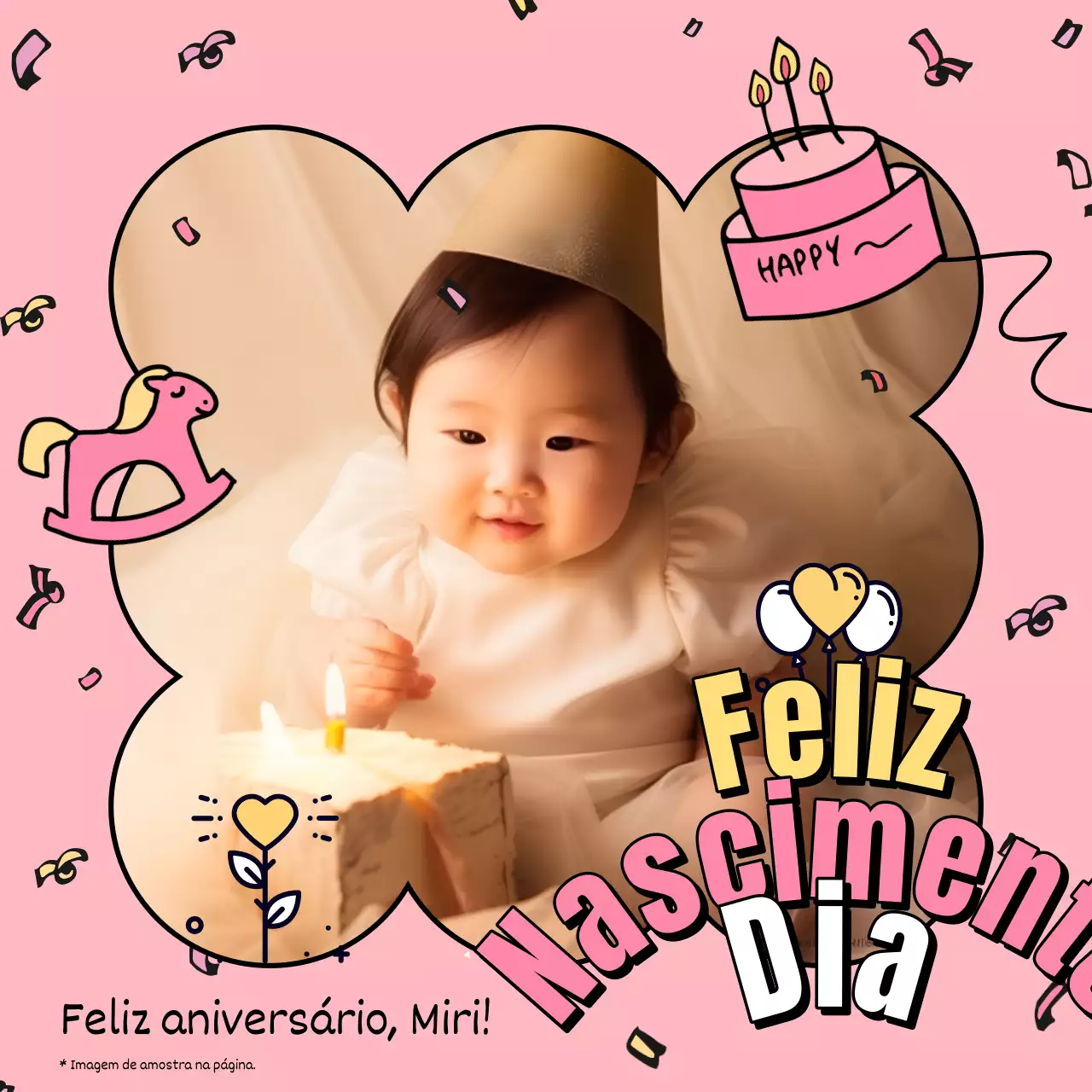 Capa do cartão do primeiro aniversário em cor-de-rosa e amarelo
