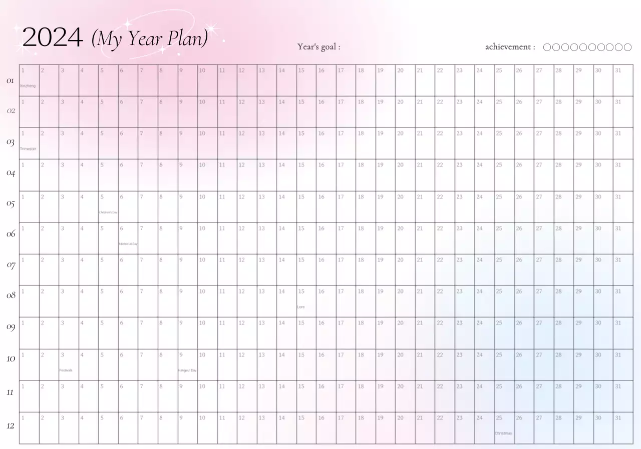 Annual calendar with pink gradient