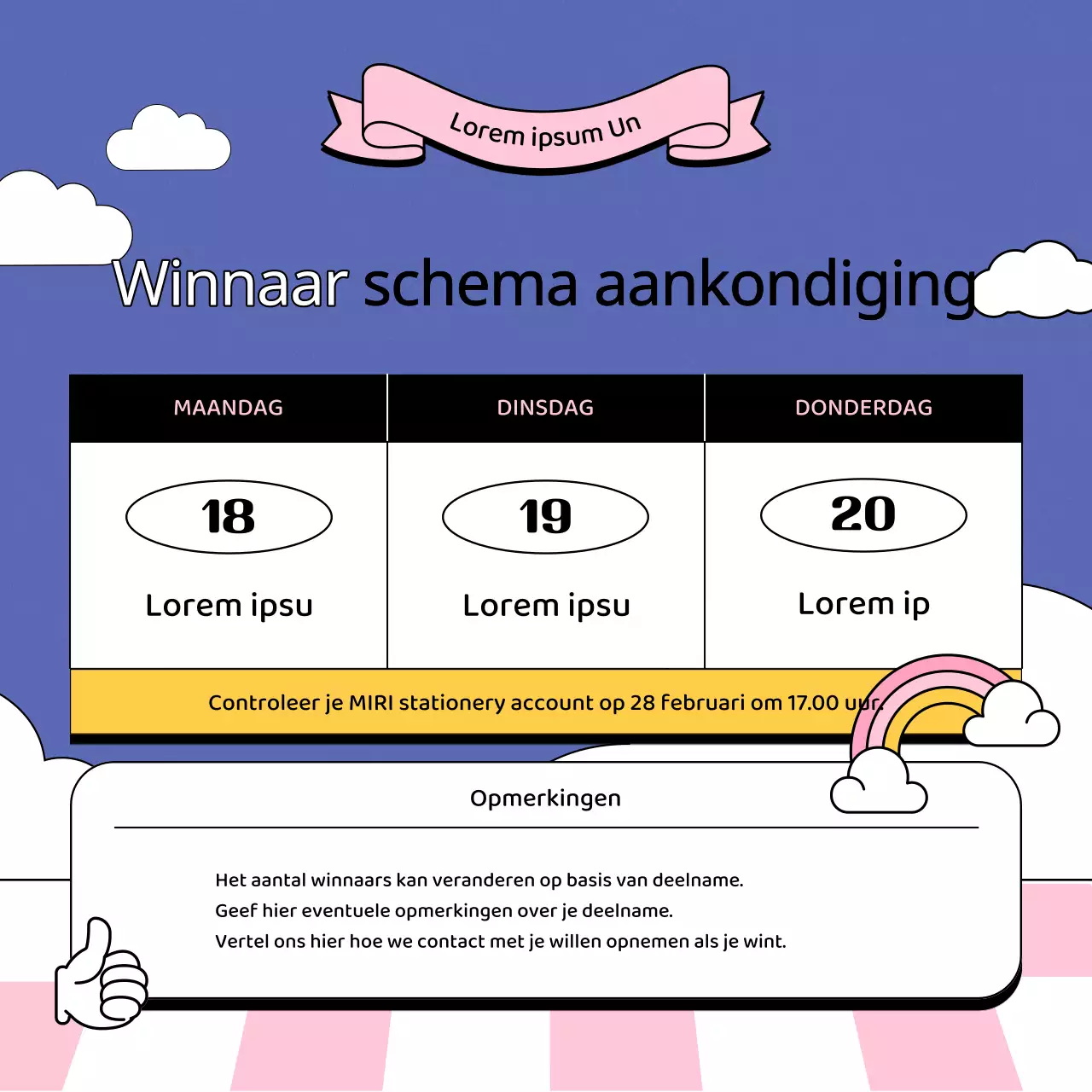 Een kitscherig paars en roze juichevenement promoten