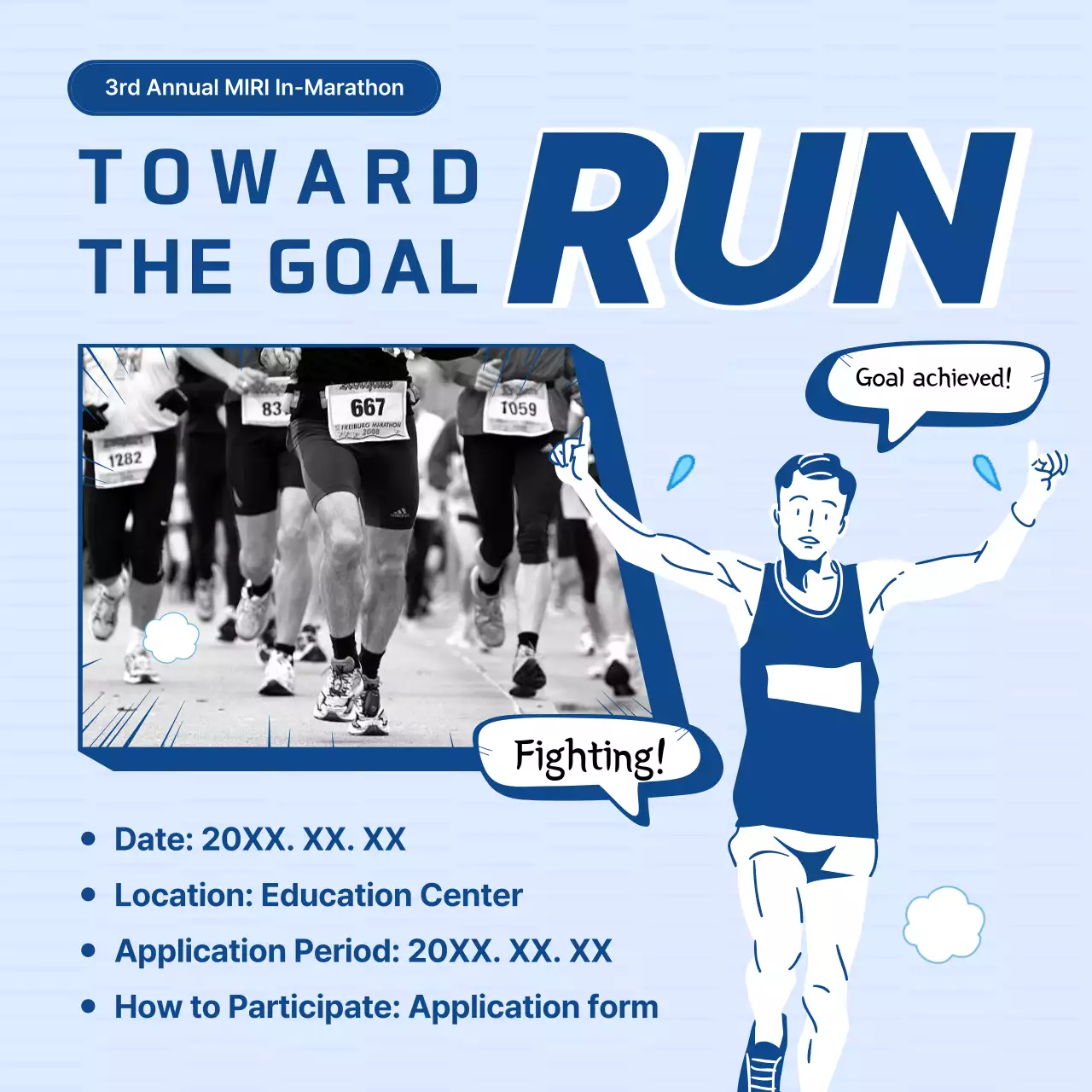 블루 모던 마라톤 발표 소셜 미디어 게시물