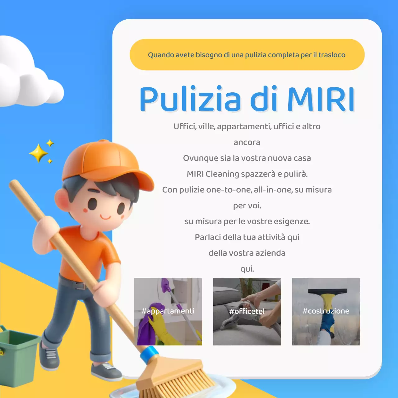 Promozione di una semplice agenzia di pulizia blu e gialla