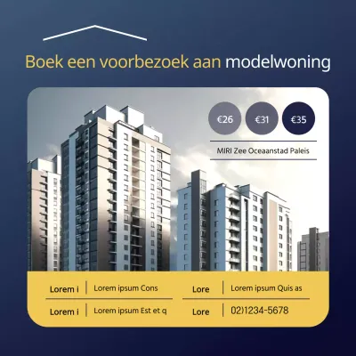 Boekingen bevorderen voor een eenvoudige gele en marineblauwe modelwoning