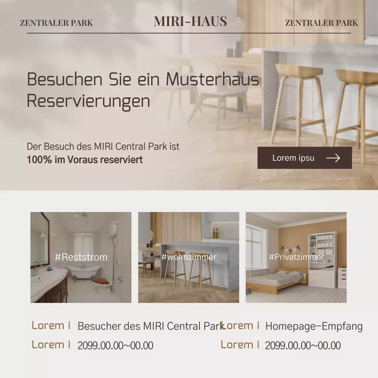 Termine für die Besichtigung eines modernen beige- und elfenbeinfarbenen Musterhauses vorschlagen
