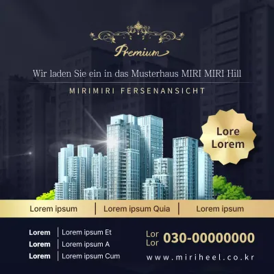 Werbung für Besichtigungstermine in einem einfachen Musterhaus in Marineblau und Gold