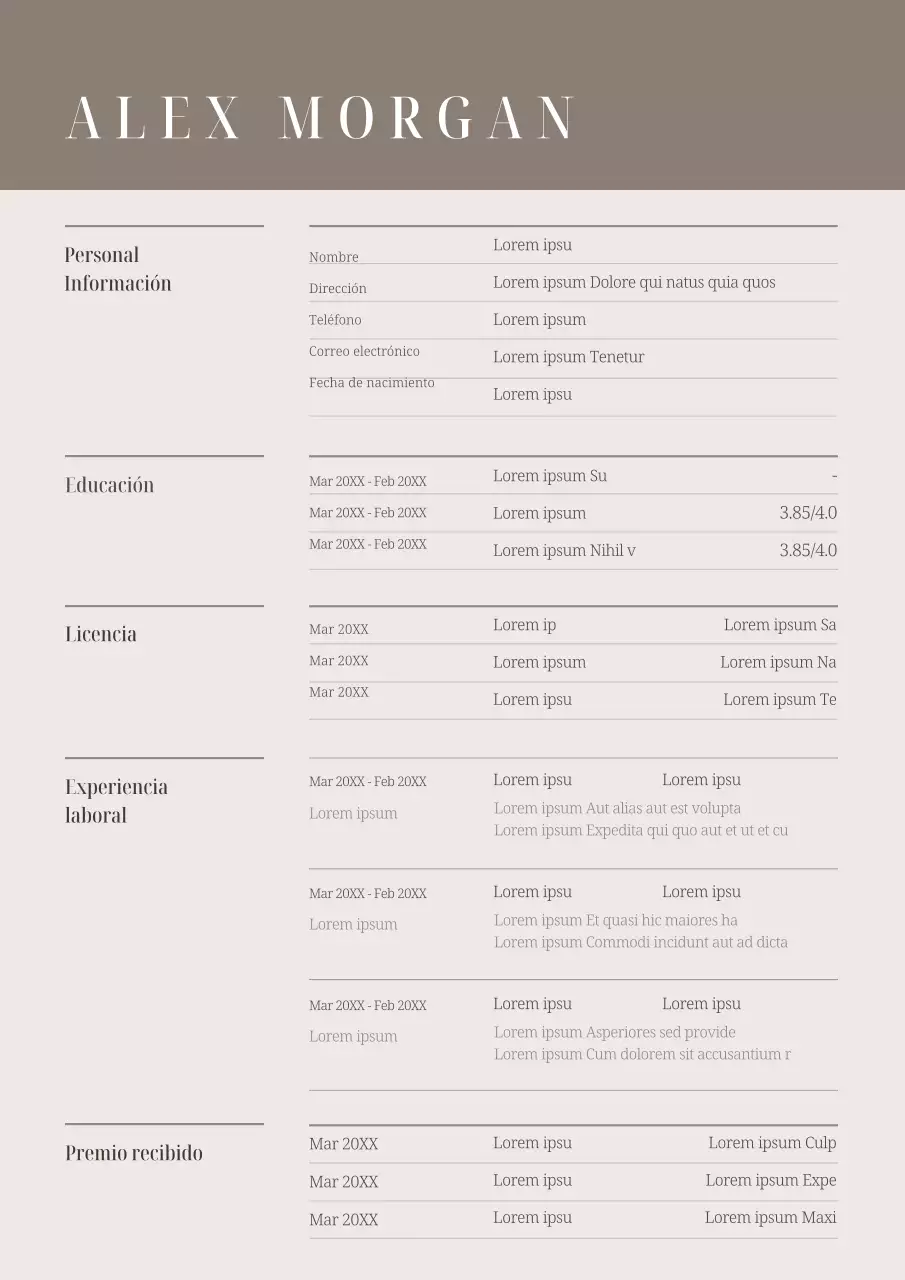 Información sencilla sobre el currículum en beige y rosa