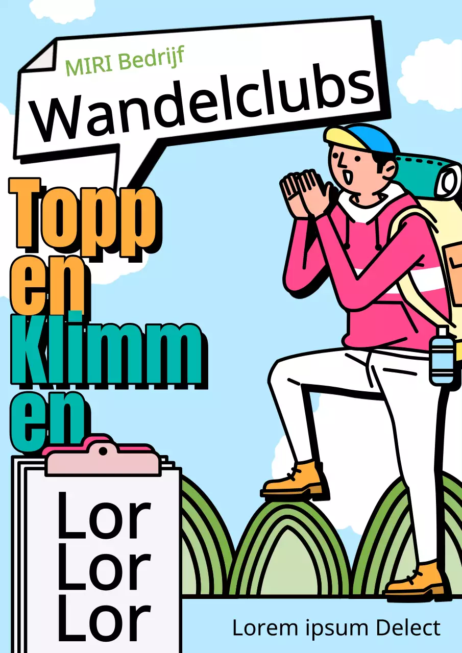 Oranje en mint pop-artachtige aankondiging van aanwezigheid klimclub