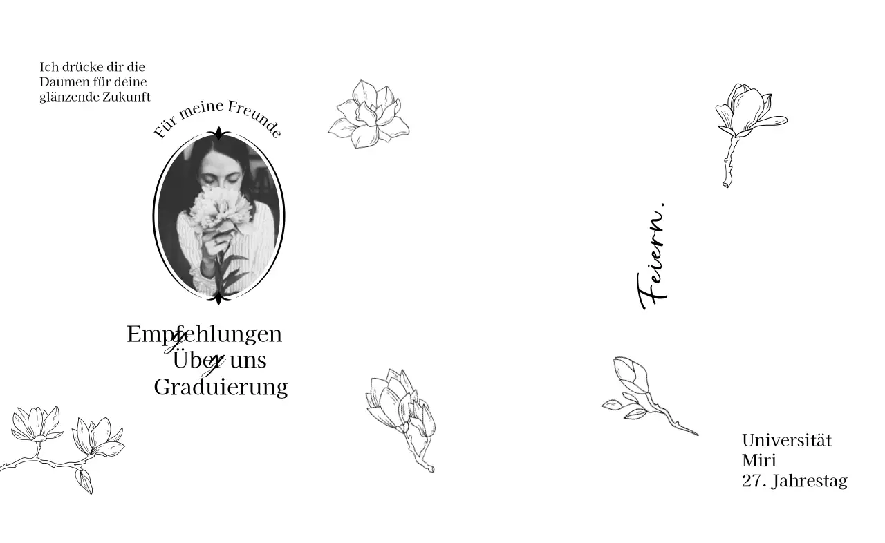 Abschlussfeier in stilvollem Ambiente mit floralen Linienillustrationen und Fotos