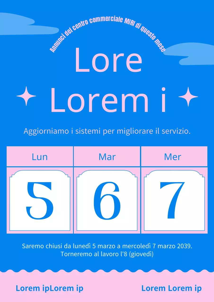 Semplice annuncio di vacanza in un centro commerciale in azzurro e rosa