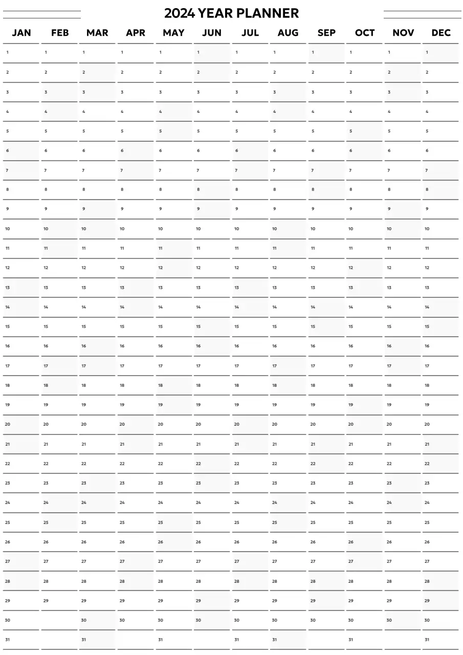 Kalender tahunan yang sederhana dan modern dalam warna hitam dan putih