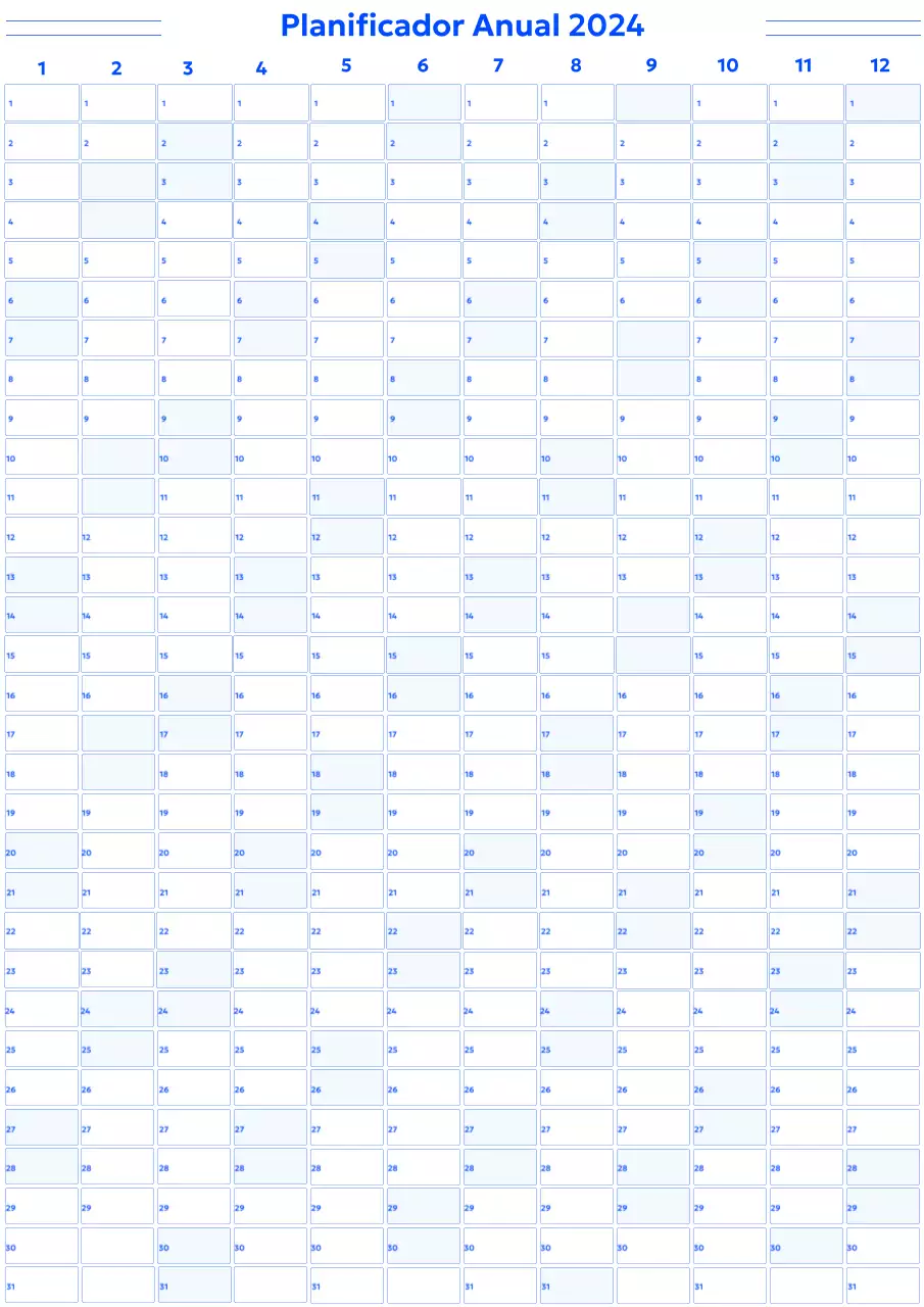 Un sencillo calendario anual de estilo gótico con cuadrados azules redondeados