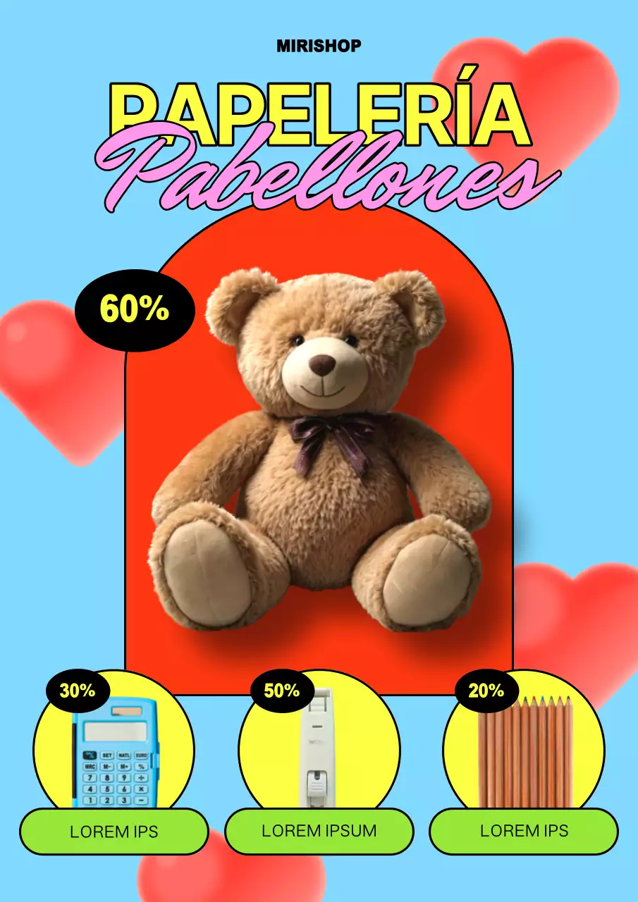 Anuncio de descuento en papelería de diseño vintage en azul claro y rojo