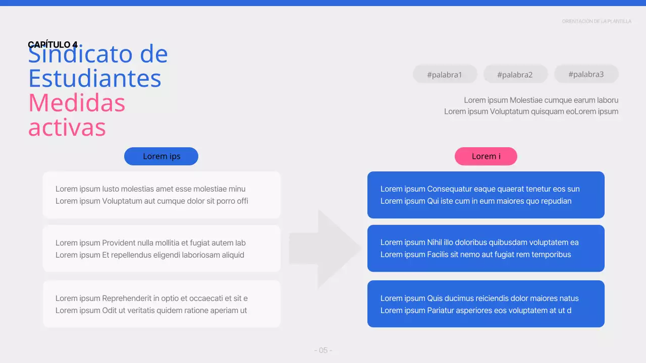 Un sencillo informe azul y rosa de orientación universitaria para nuevos estudiantes
