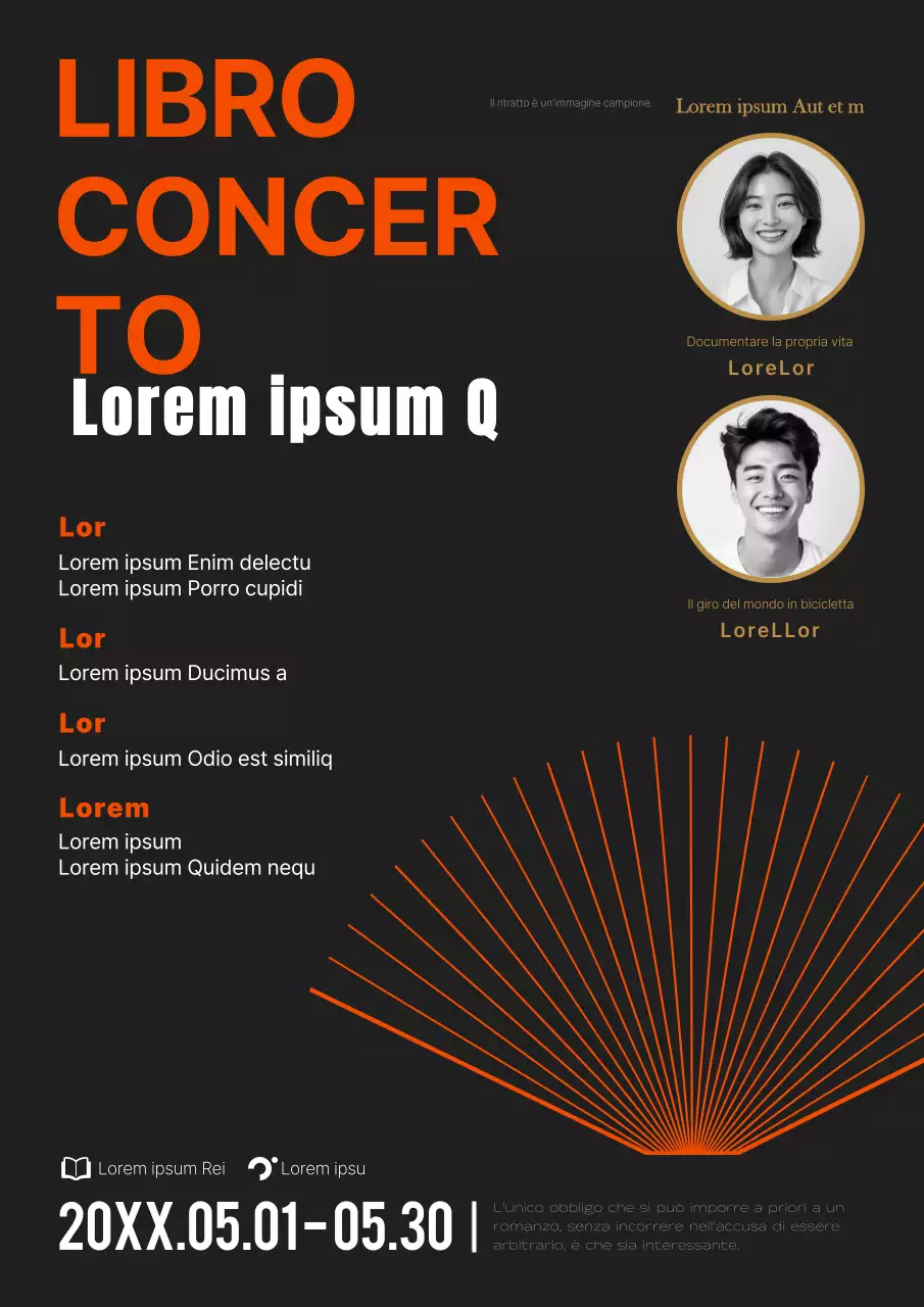 Promozione moderna di un concerto di libri con foto dell'autore in nero e arancione