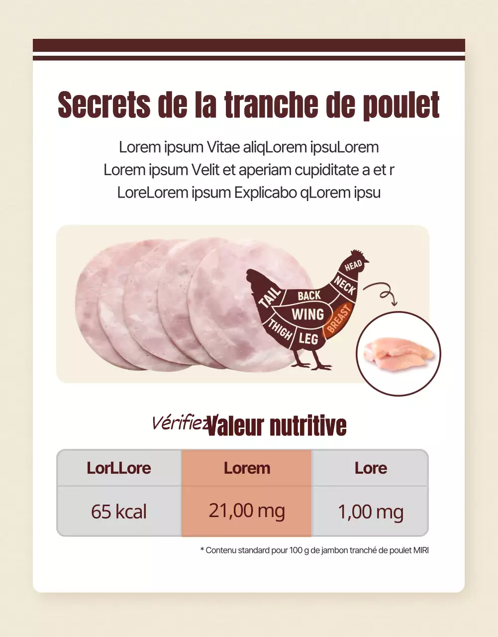 Promouvoir un régime alimentaire simple blanc de poulet brun et beige