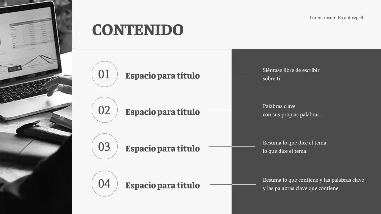 Presentación corporativa minimalista en gris y marfil
