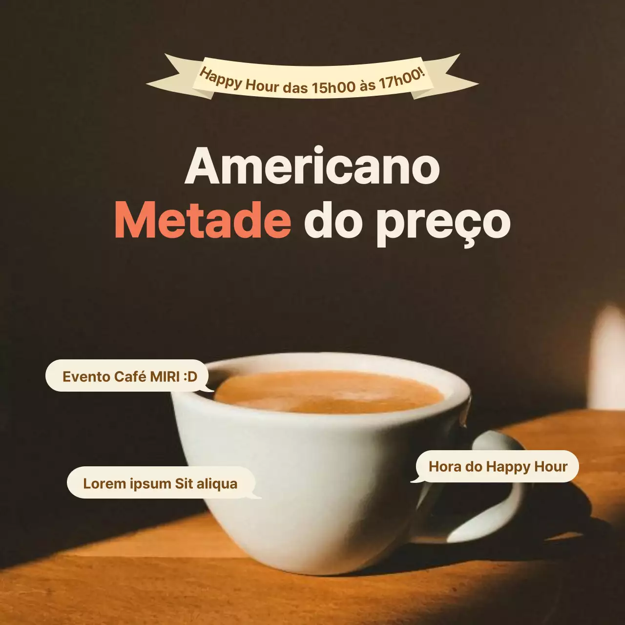 Promover um evento de café minimalista em castanho e marfim