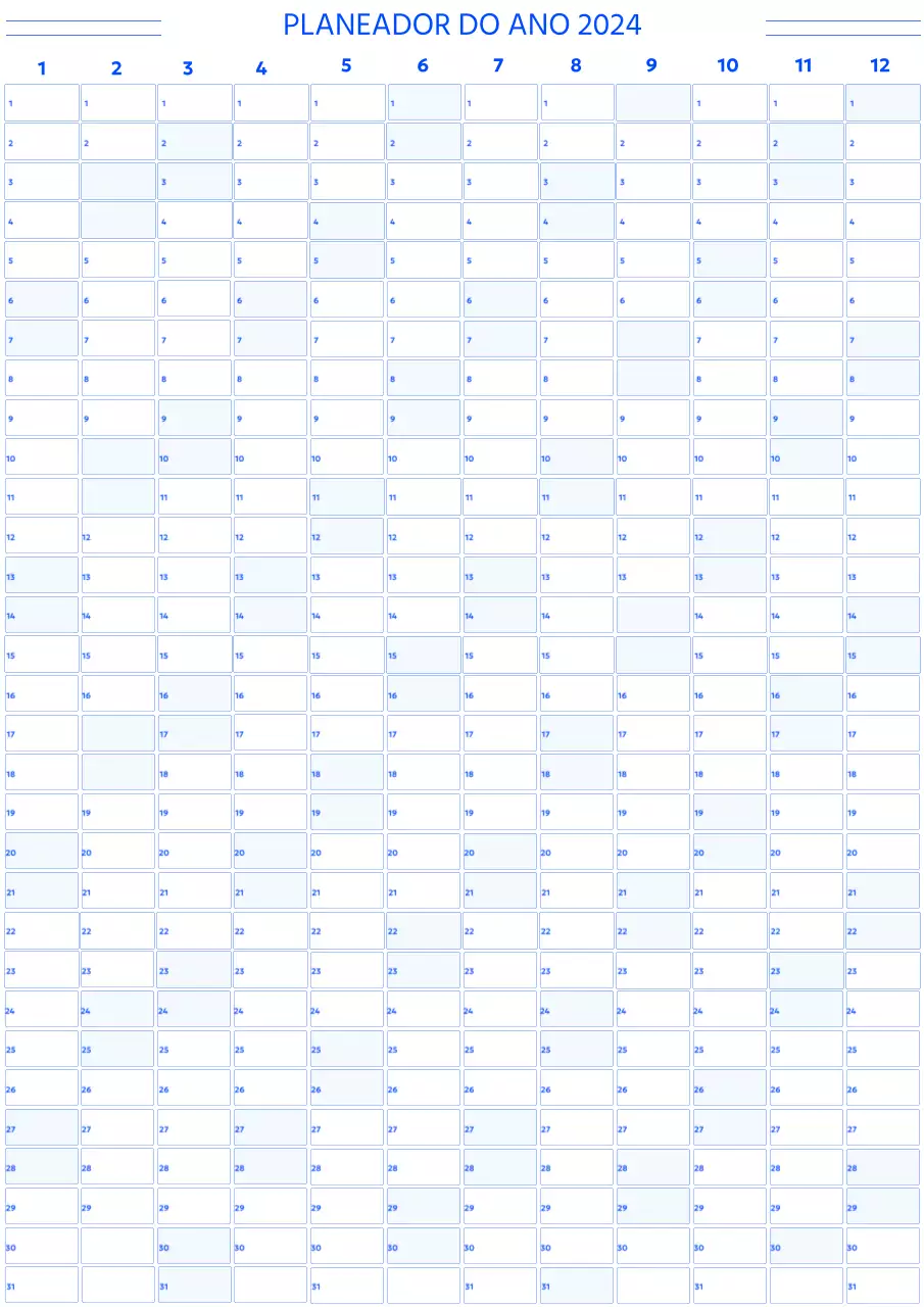 Um calendário anual simples em estilo gótico com quadrados azuis arredondados