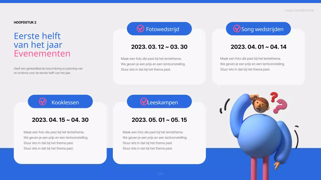 Een eenvoudig blauw en roze oriëntatierapport voor nieuwe studenten aan de universiteit