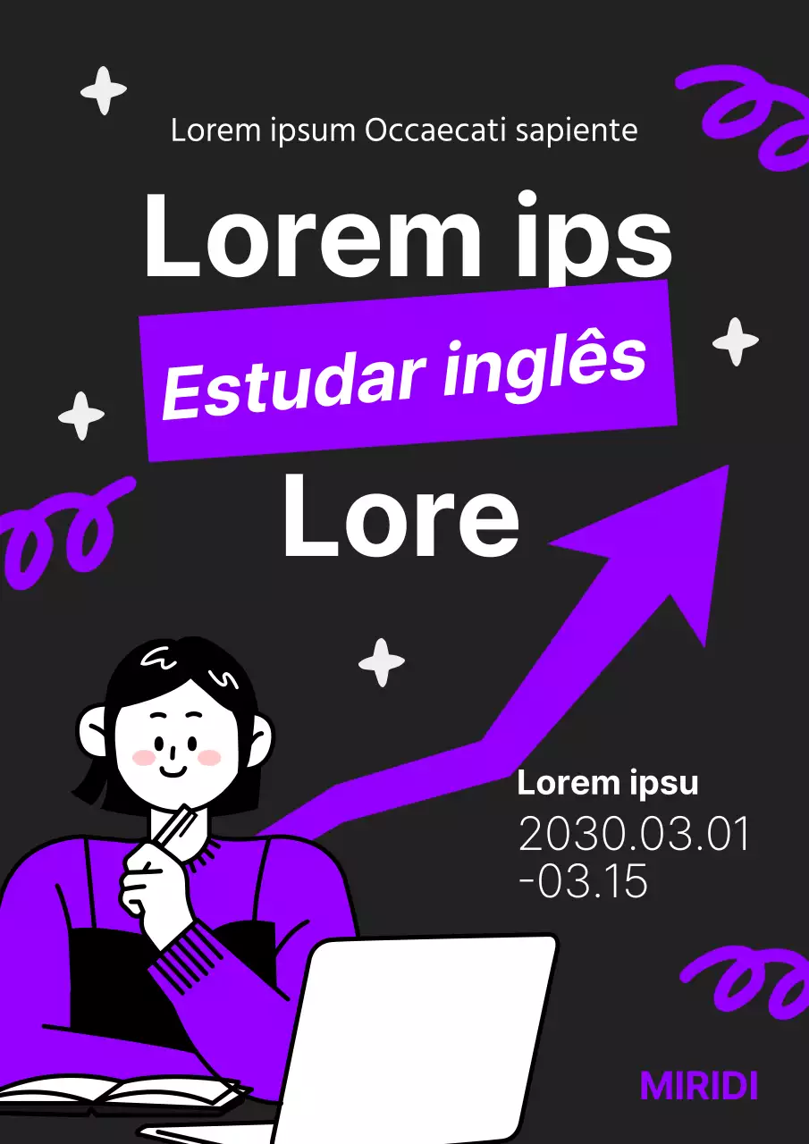 Promoção de uma feira de estudos de inglês universitário inspirada em arte pop, a preto e roxo