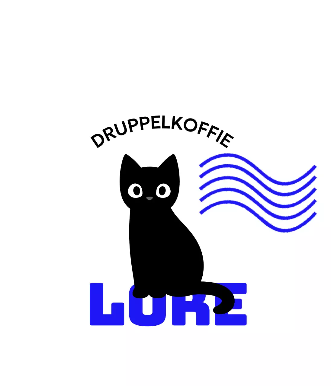 Cafe merchandise met schattige katten en blauwe tekst en golven