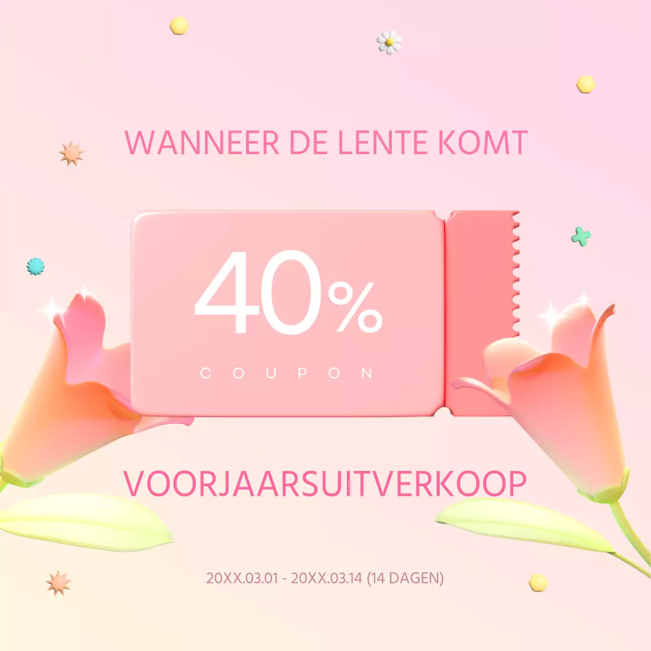 Een moderne lenteverkoopadvertentie in roze en paars